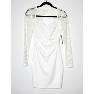 NWT Guess Sweetheart Lace-Sleeve Bodycon Mini Dress Ruched Women's White Size 6